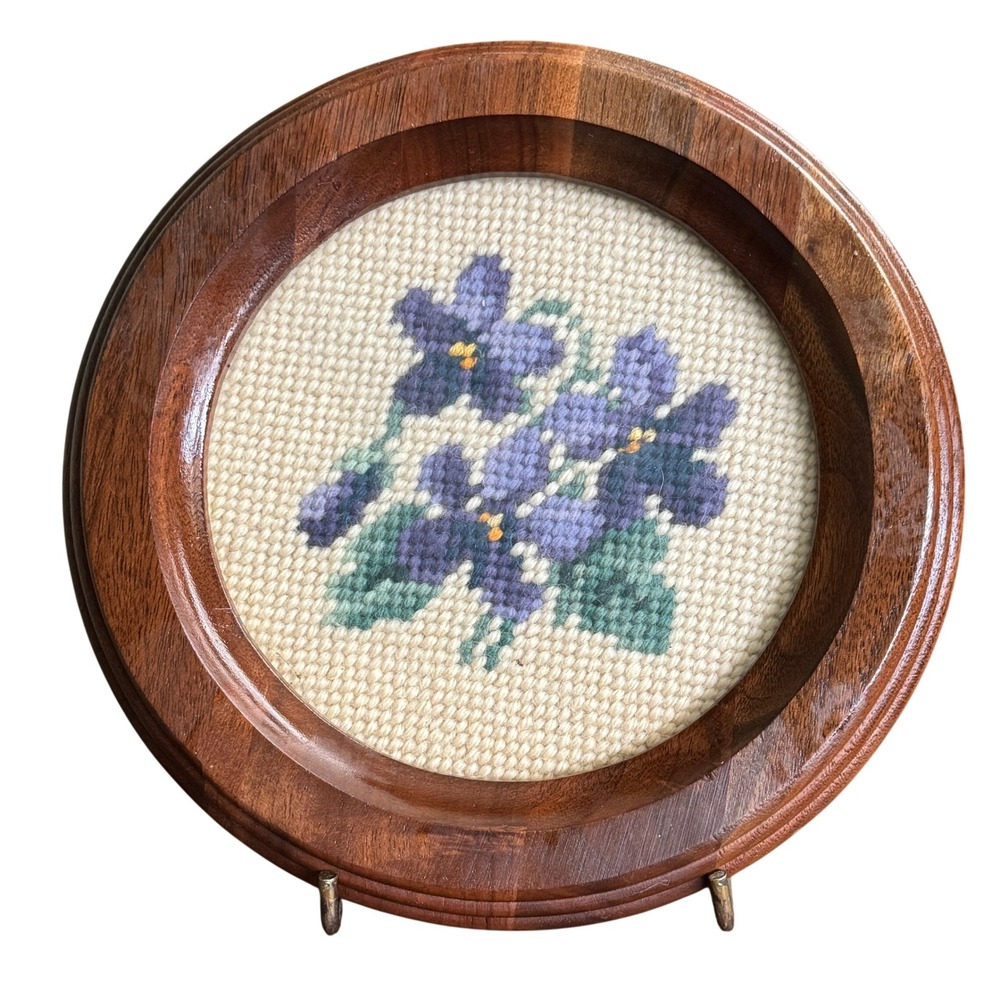 Vintage Needlepoint Violet Floral Art in Round Dark Wood Frame Wall Decor